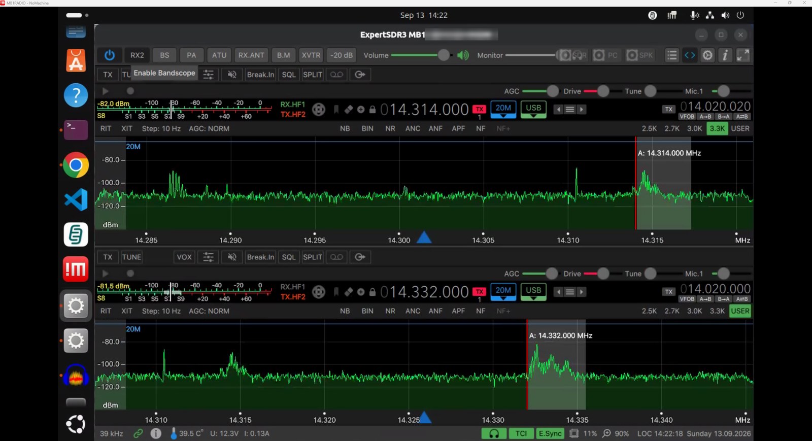 ExpertSDR3 with two independent receivers open, RX1 on 14.314 MHz and RX2 on 14.332 MHz, each with its own panadapter.