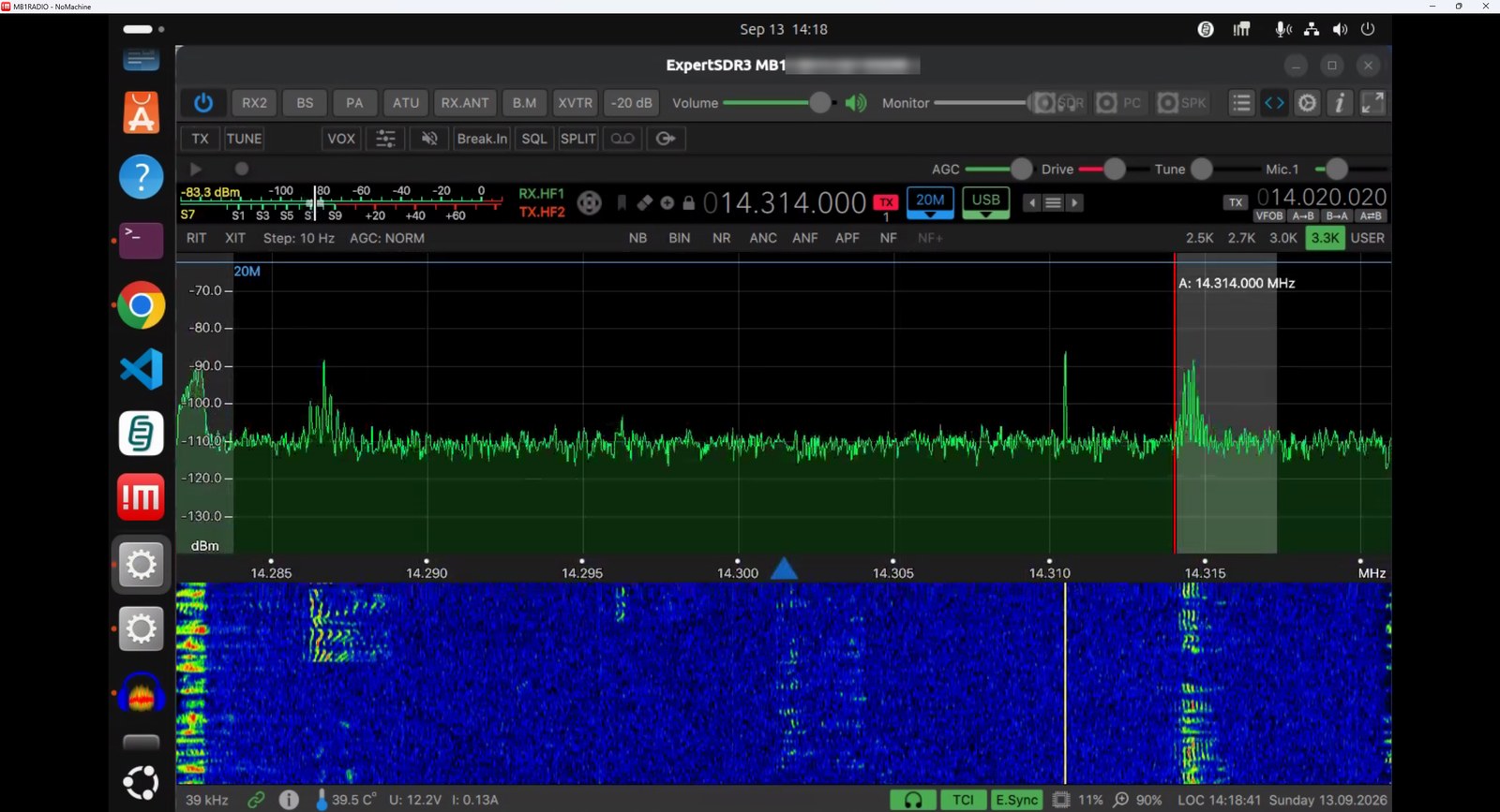 ExpertSDR3 running on Linux, showing the MB1 panadapter and waterfall on 20 metres at 14.314 MHz with TCI connected.